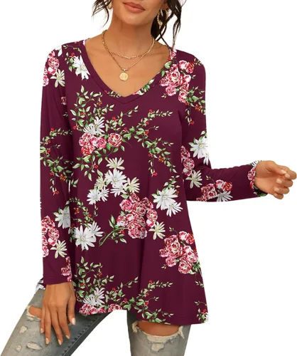Vista 47 de AWULIFFAN Blusa tipo túnica holgada de manga larga con cuello redondo para mujer