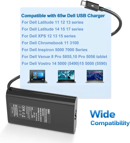 Vista 4 de Cargador USB-C de 65 W para Dell Latitude 3420 3540 5550 5520 5420 5430 5440 5340 5320 5630 5640 7440 7430 7420 7410 7370 7390 2 en 1 , Adaptador