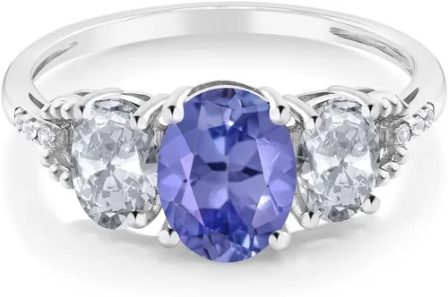 Vista 49 de Anillo de compromiso ovalado de oro blanco de 10 quilates con piedra natal y topacio blanco de 3 piedras con detalles de diamante Centro de 0.315