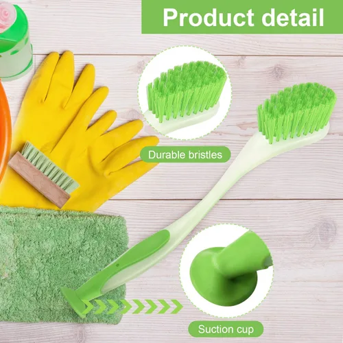 Vista 3 de 5 cepillos largos para platos con asa, cepillo para lavar platos de colores surtidos con ventosa, herramienta de limpieza multiusos para cocina
