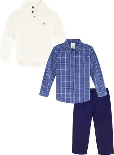 Vista 2 de Calvin Klein Conjunto de suéter de 3 piezas para niños con camisa y pantalones a juego con botones