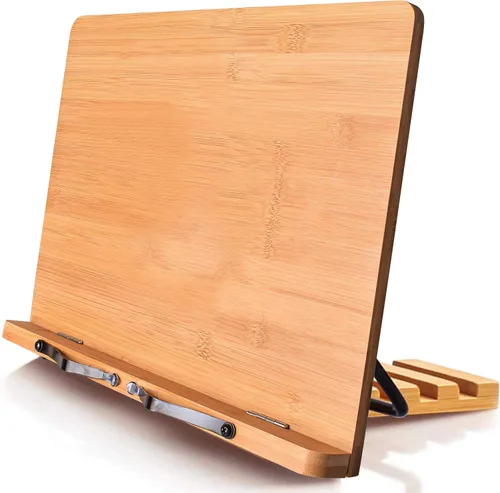 Vista 10 de wishacc Soporte de libros de bambú, bandeja ajustable para libros y clips de papel para páginas - Escritorio de lectura para libros de cocina