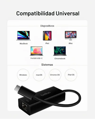 Vista 6 de Belkin Adaptador USB-C a Ethernet, Puerto Ethernet Gigabit Compatible con Dispositivos USB-C, Cable USB-C a Ethernet para MacBook Pro y Laptops Dell
