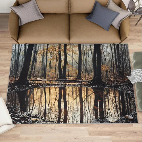 Vista 2 de Autumn Forest Rugs for Bedroom, Lake Forest Area Rug, Landscape Photo Rugs for Living Room, Indoor Non-Slip Rug, Machine Washable Carpet for Front