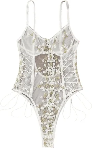 Vista 21 de Lilosy Teddy de Lencería Sexy para Mujer con Cordones y Bordado Floral, Body Top de Malla Transparente de Una Pieza Verde militar