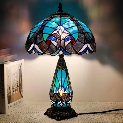 Vista 9 de Lámpara Tiffany de Vidrio Emplomado para Mesa de 12 x 19 Pulgadas Diseño Jarrón Madre e Hija Lámpara de Escritorio de Acento Luz Nocturna