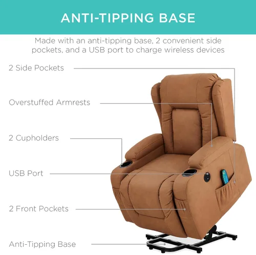 Vista 6 de Best Choice Products - Silla de elevación eléctrica de cuero PU, silla reclinable de masaje, muebles ajustables para espalda, patas con 3