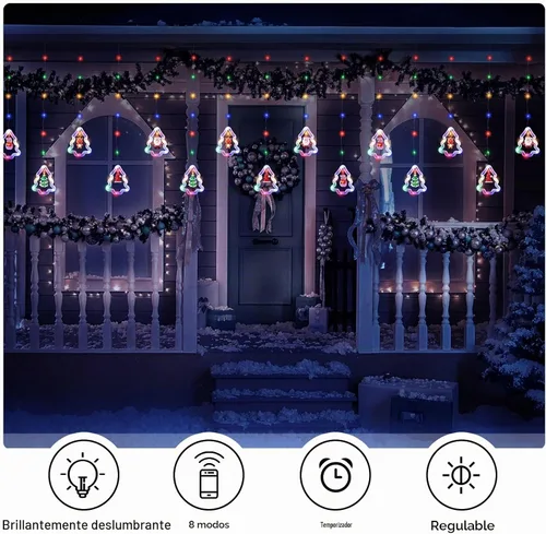 Vista 6 de BLOOMWIN Luces de Ventana de Navidad Decoraciones de Ventana Navideñas Iluminadas - Luz de Anillo en Forma de Árbol con Luz de Cortina de Ornamento