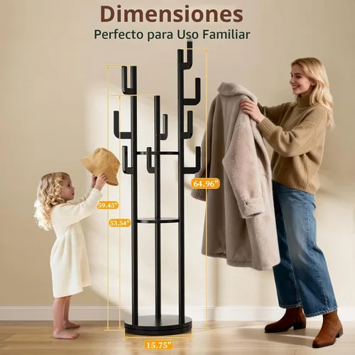 Vista 3 de Yoobure Perchero Giratorio Independiente – Árbol de Abrigos de Madera Maciza con 9 Ganchos y 3 Estantes de Almacenamiento para Cartera, Bolsa