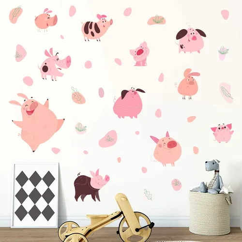 Vista 6 de Juego de calcomanías de pared de cerdo de dibujos animados divertidos, juego de calcomanías de pared de cerdo divertido con puntos de animales