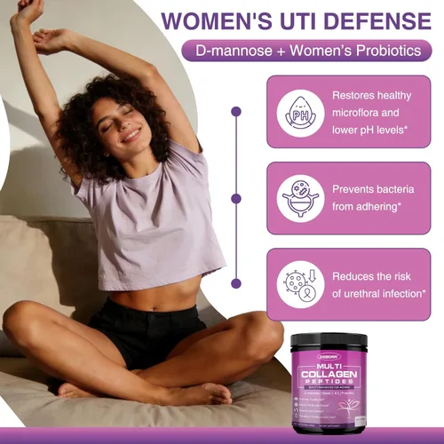 Vista 4 de ZEBORA Polvo de péptidos de colágeno múltiple para mujeres, péptidos de colágeno hidrolizados con D-manosa y probióticos para mujeres, apoya