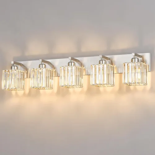 Vista 47 de Moderna lámpara de cristal para pared/tocador de baño, de 5 luces, color cromo Cromo torcido