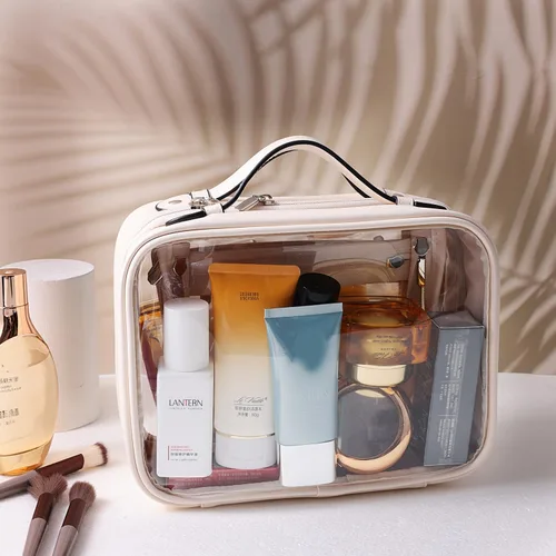 Vista 4 de SANHECUN Neceser de viaje Estuche grande transparente para cosméticos bolsa de maquillaje (beige, pequeño)
