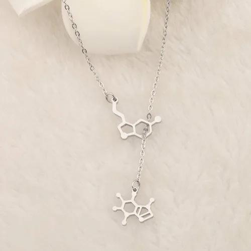 Vista 3 de BNQL Collar de molécula de serotonina de cafeína, joyería geek de ciencia química, Metal, Metal