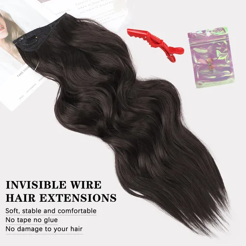 Vista 2 de Extensiones de cabello ondulado marrón, 20 pulgadas, clip, 3.88 oz, 4 clips, 2 cables de repuesto