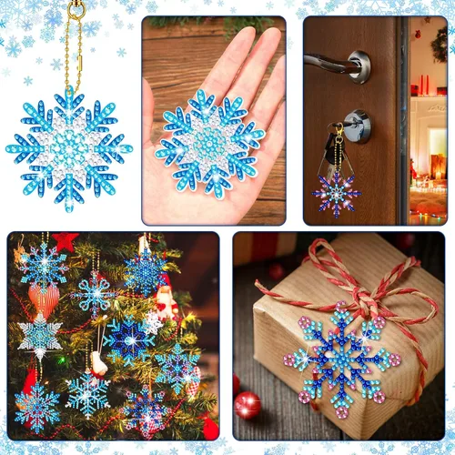 Vista 5 de BBTO 15 piezas de llavero de pintura de diamante de invierno con copos de nieve, adornos de pintura de diamante 5D DIY llavero de pintura