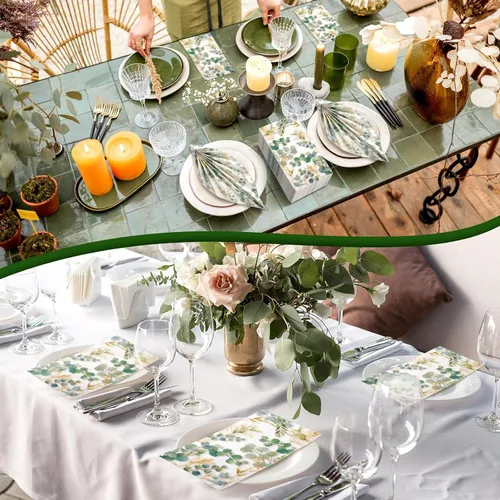 Vista 4 de Spiareal - 120 servilletas de papel verde de 3 capas desechables para invitados, toallas de mano para baño, hojas de eucalipto verdes, servilletas