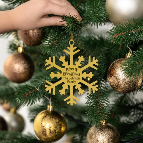 Vista 8 de Juego de adornos navideños personalizados para decoración navideña, copos de nieve de metal personalizados y bolas de árbol, regalos para familia
