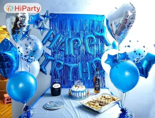 Vista 8 de Globos azules de letras de papel de aluminio de Mylar de 16 pulgadas con 6 globos de estrella, decoraciones de fiesta de feliz cumpleaños