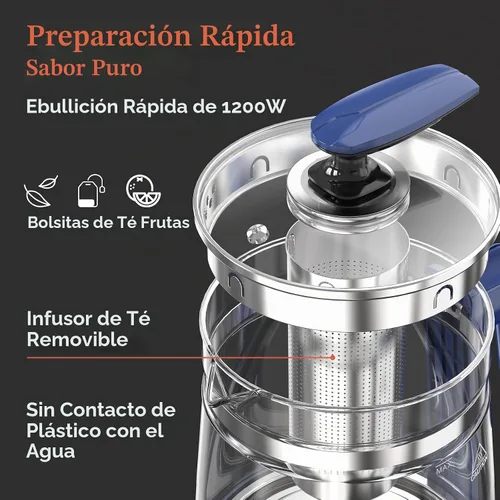 Vista 5 de Hervidor Eléctrico de Vidrio Caliente con Infusor de Té y Control de Temperatura, Tetera de Acero Inoxidable de 1.5L y Hervido Rápido de 1200W Azul