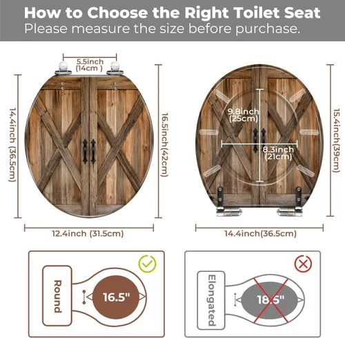 Vista 3 de Round Toilet Seat Rustic Wooden Barn Doors Natural Brown Wood Symmetrical Resin Toilet Seat with Quietly Close Quick Release Hinges Replacement
