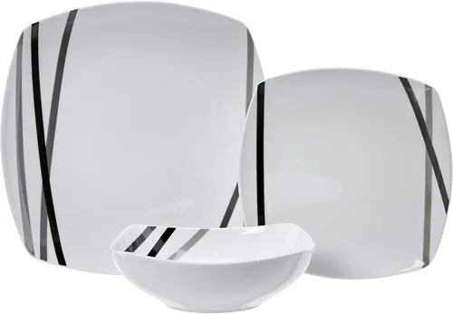 Vista 4 de Amazon Basics - Juego de vajilla de cocina de 18 piezas (platos y tazones cuadrados), servicio para 6 - Rayas modernas