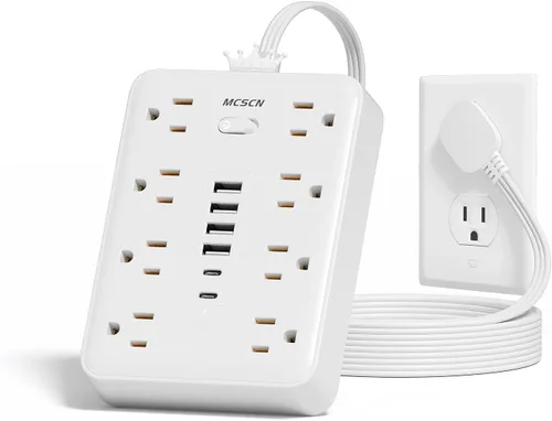 Vista 8 de Tira de alimentación ultra delgada con protector de sobrecarga y sobretensión, enchufe de pared plano con 8 tomas de CA y 6 USB (2 USB C)