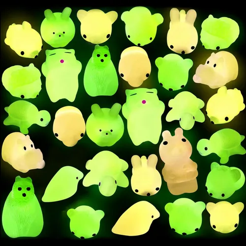 Vista 8 de Outee 16 piezas de juguetes Mochi Mini Mochi animales juguetes que brillan en la oscuridad, juguetes para aliviar el estrés, juguetes a granel, gato