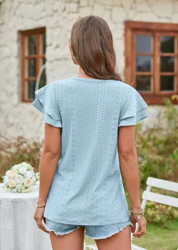 Vista 4 de Camisetas de verano para mujer, manga con volantes, cuello redondo, estilo casual, túnica