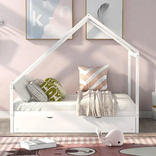 Vista 3 de Cama de casa de tamaño matrimonial con cama nido de tamaño individual, marco de sofá cama de madera maciza con techo, se puede decorar, marco