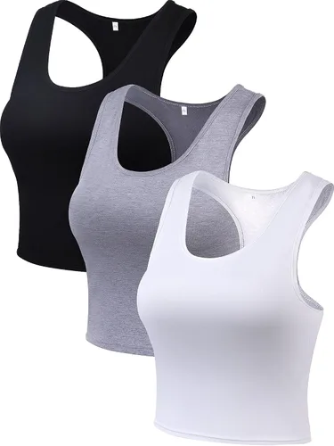Vista 5 de Camisetas cortas de 3 piezas para mujer, camisetas de entrenamiento, básicas, recortadas, sin mangas, espalda cruzada, deportes, gimnasio