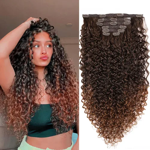 Vista 12 de Extensiones de cabello sintético con clip, extensiones de cabello sintético negro y rubio miel, extensiones de cabello rizado Jerry para mujeres
