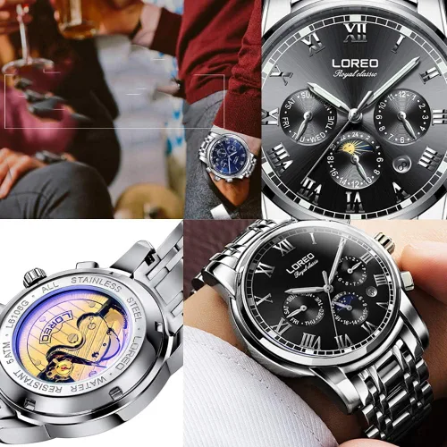 Vista 7 de LOREO - Reloj automático para hombre multifunción de acero inoxidable, cristal de zafiro, resistente al agua, color azul