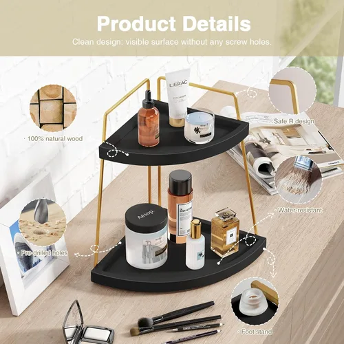 Vista 4 de Forbena Organizador de Rincón para Encimera de Baño en Negro y Oro, Organizador Moderno de Encimera de Cocina para Lavabo, Bandeja de Almacenamiento