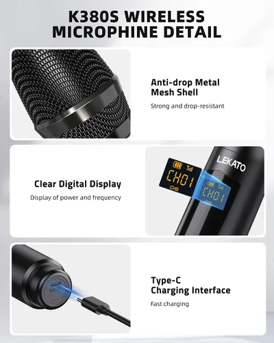 Vista 3 de LEKATO Micrófono inalámbrico, sistema de micrófono dinámico inalámbrico de mano dual recargable de 2.4 GHz con receptor de 1/4 pulgadas, micrófono