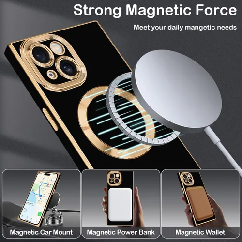 Vista 2 de Funda magnética para iPhone 15 compatible con Magsafe, TPU suave plateado a prueba de rayones con lente totalmente cubierta compatible con carga