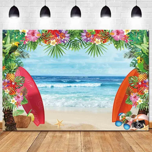 Vista 11 de HQM Fondo de fotos con temática de playa tropical de verano, 5 x 3 pies, tela para conchas de playa, Hawaii, flor de mar azul, para niños