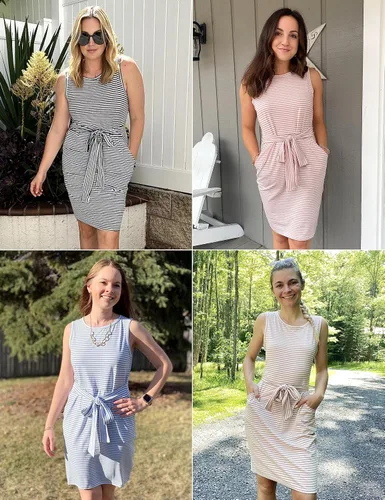 Vista 5 de MEROKEETY - Vestido camisero, de verano, sin mangas y a rayas para mujer, mini vestido casual, con cuello redondo y lazo en la cintura