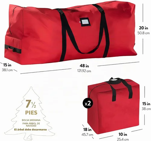 Vista 7 de ZOBER Bolsa de almacenamiento para árbol de Navidad, para árboles artificiales, bolsa de guirnalda, (juego de 3 piezas), material impermeable Rojo
