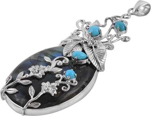 Vista 4 de Bali Legacy - Colgante de plata de ley 925, labradorita natural para dormir, turquesa con flores florales envueltas para mujer, Metal, Labradorita