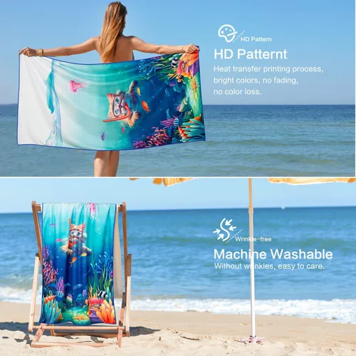 Vista 6 de Vimorco Toalla de playa para gatos, divertida toalla de playa con diseño de delfín y medusas, mezcla de algodón, toalla de campamento de terciopelo