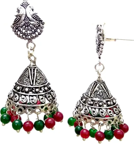 Vista 2 de DESI HAWKER pendiente de plata oxidada Bali Jhumki Jhumka joyería Bollywood gota cuelga cónica lámpara de pavo real NI-163