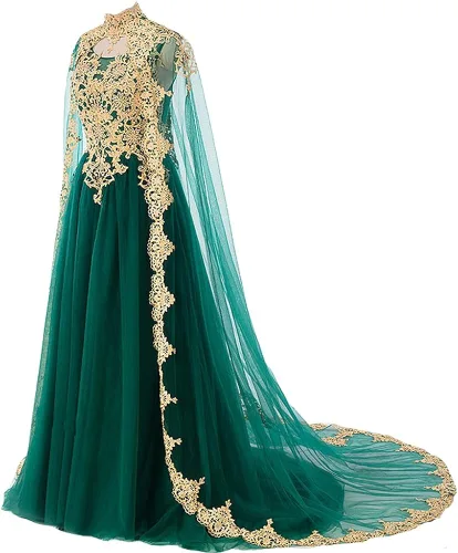 Vista 5 de Kivary Vestidos de noche largos de encaje dorado vintage con capa, Oro