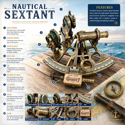 Vista 3 de J. Scott London Brass Sextant - Instrumento de navegación náutica antiguo antiguo antiguo con caja de exhibición de madera dura, decoración