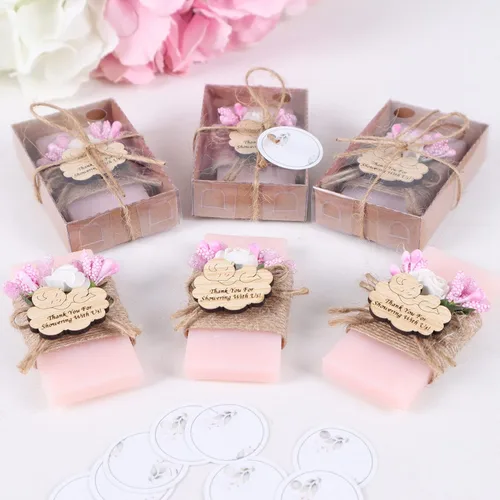 Vista 8 de Paquete de 10 decoraciones para baby shower de Happy Times Favors, regalos para baby shower, jabón mini vegano personalizado hecho a mano con aroma