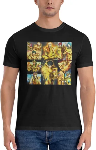 Vista 3 de Saint Anime Seiya - Camiseta de manga corta para hombre, diseño de arte impreso, cuello redondo, camisetas de algodón, color negro