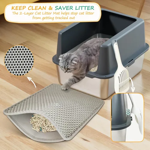 Vista 4 de Caja de arena para gatos de acero inoxidable, bandeja de arena de metal cubierta, bandejas de arena para gatos con lados altos, caja de arena