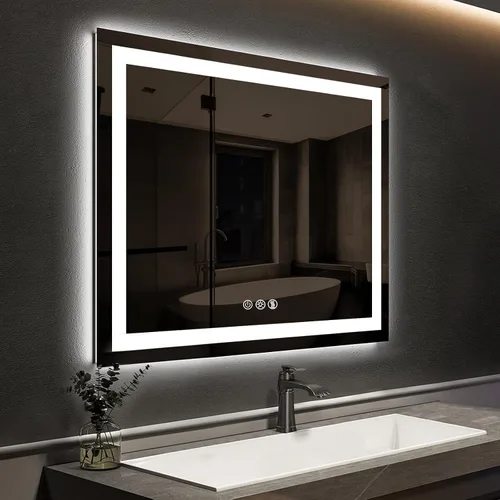 Vista 11 de ROOMTEC Espejo de baño LED de 36 x 24 pulgadas con parte delantera y retroiluminada, antiniebla, 3 colores y luz regulable (horizontal/vertical)