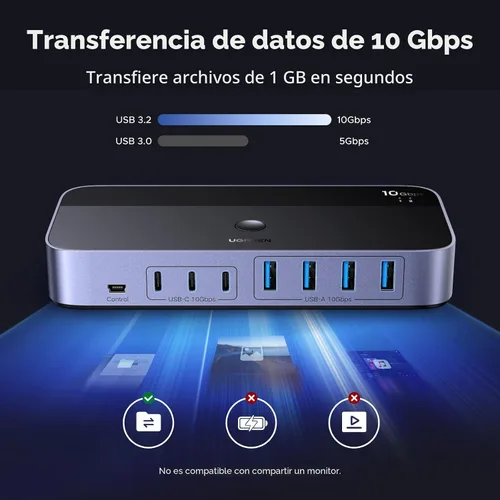 Vista 2 de UGREEN Interruptor USB 3.2 de 2 entradas y 7 salidas, interruptor de 10 Gbps para computadoras A o C compartiendo todos los dispositivos (4 A+3 C)