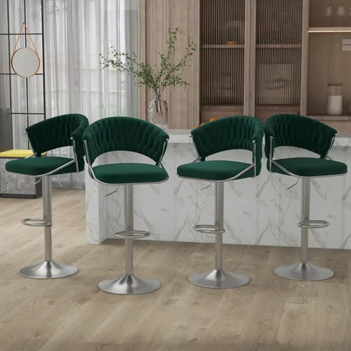 Vista 18 de Juego de 2 taburetes de bar giratorios de 360° con respaldo alto, silla de bar de terciopelo ajustable moderna de altura de mostrador, taburete